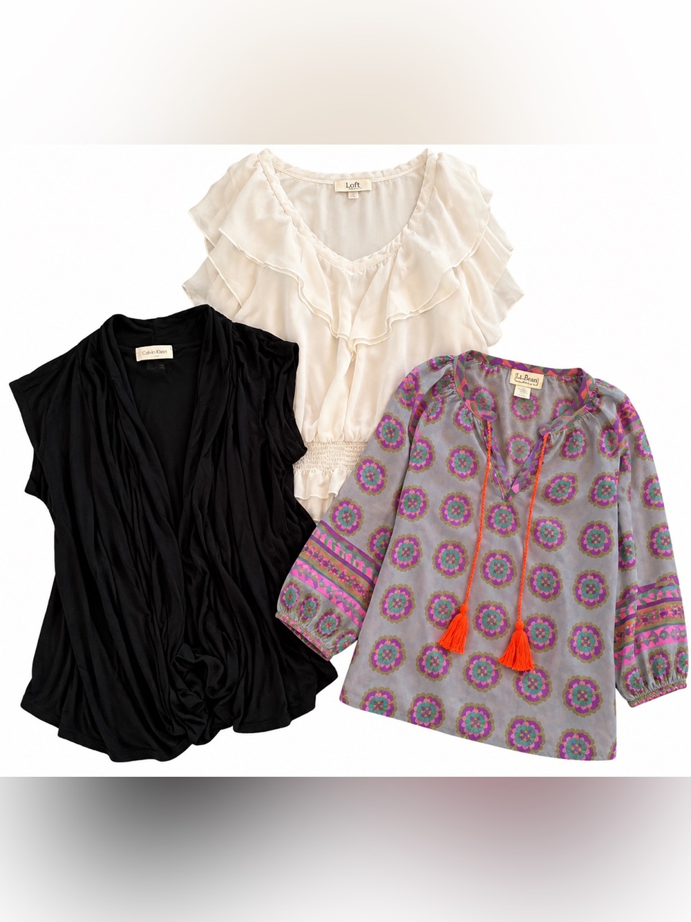 Women’s 3 Top Bundle Natural Life MYTH NYC Free to Live Boho Ruffle Tops Size L